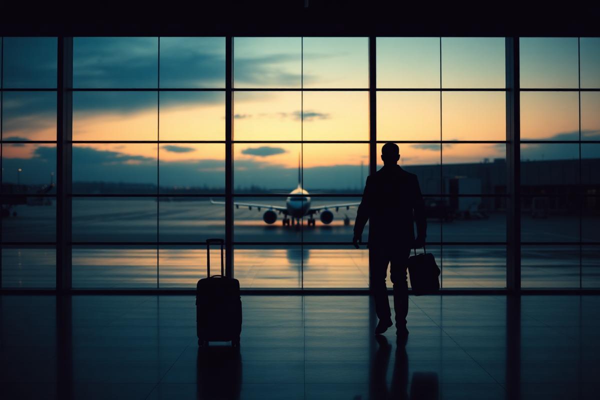 Voyageur dans un aéroport au crépuscule