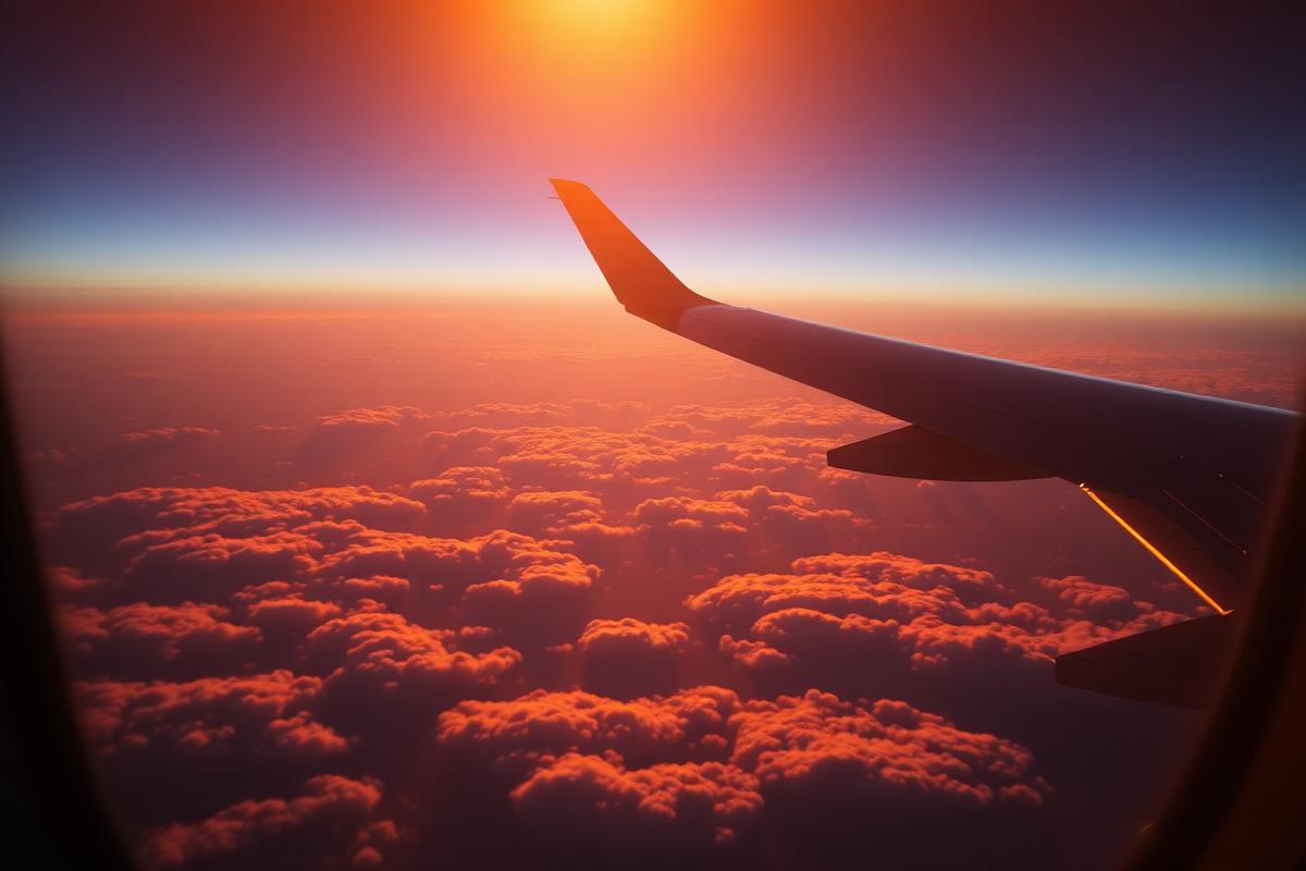 Aile d'avion au coucher du soleil